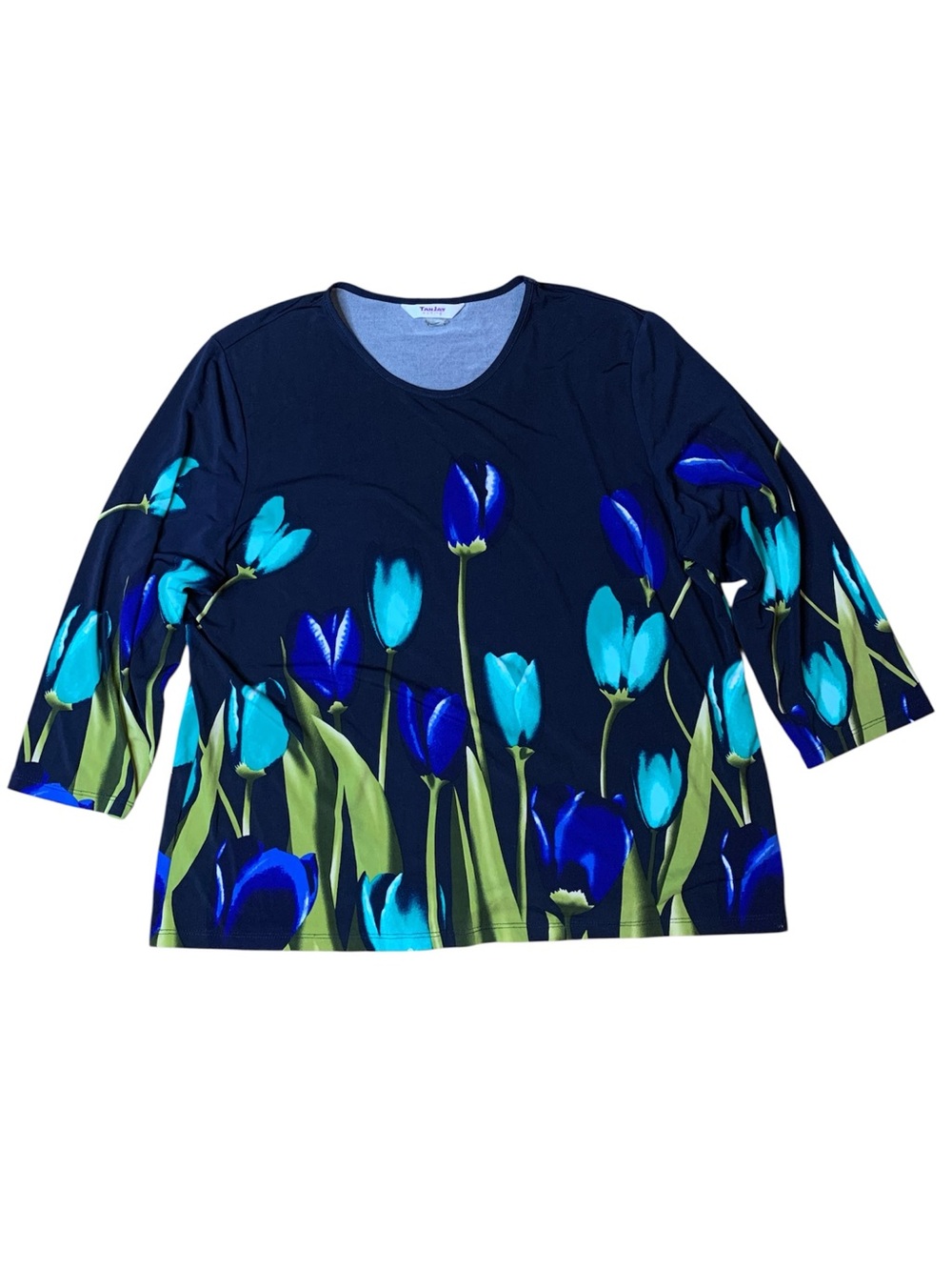 Tanjay Petite Floral Tulip Top Blouse Navy Blue Green Size PL